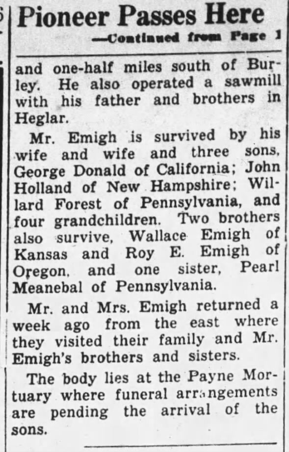 Herald Bulletin, Burley ID 11-5-1946 - page 8 continuation of Willard Emigh obit. Part 2 of Willard Emigh obituary